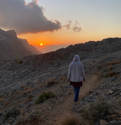 Alison on the Ghaf trail at sunset in winter, Jebel Jais Ras Al Khaimah