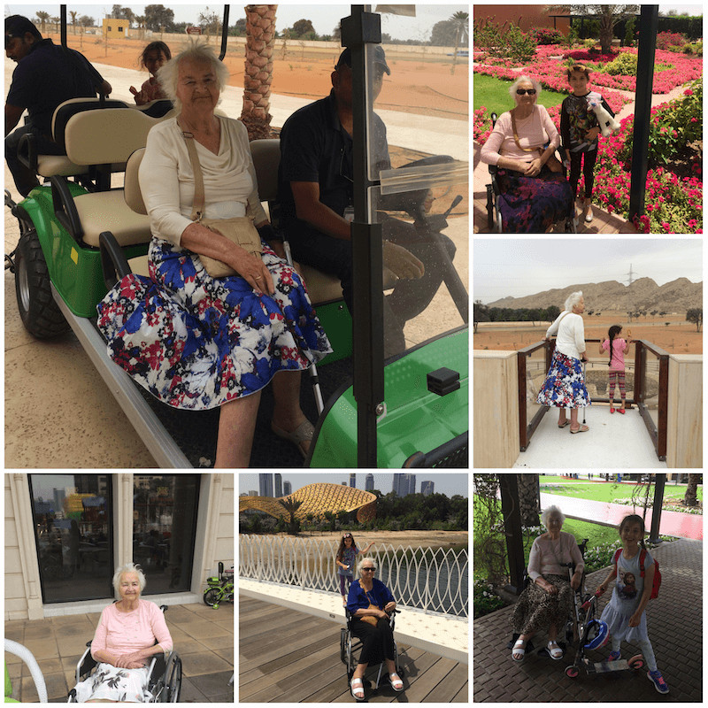 Collage showing personal experience of disabled access in Sharjah destinations, including Mleiha Archaeological Centre, Islamic Botanical Gardens, Al Qasba, Al Majaz Waterfront and Al Noor Island