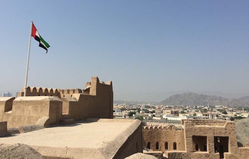 view from Fujairah fort roof over Fujairah and mountains