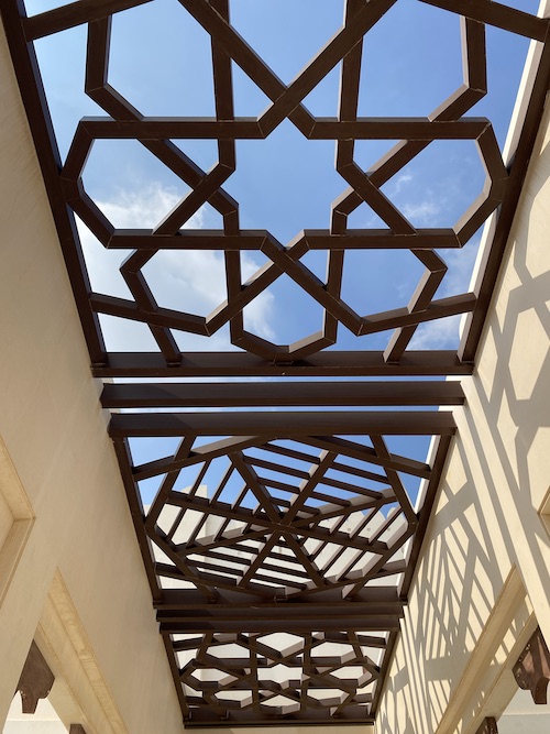Mohammed Alfalahi Alyasi Mosque Mirfa Abu Dhabi, roof grill of walk way incorporating Islamic desugns