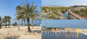 al mirfa abu dhabi photo collage of beach, mangrove boardwalks and mugheirah bay waterfront