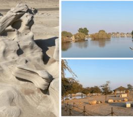 al wathba abu dhabi, collage of fossil dunes, camping ground and lake