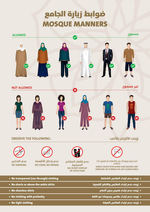Infographic on Mosque Manners showing acceptable and unacceptable clothing and listing other rules