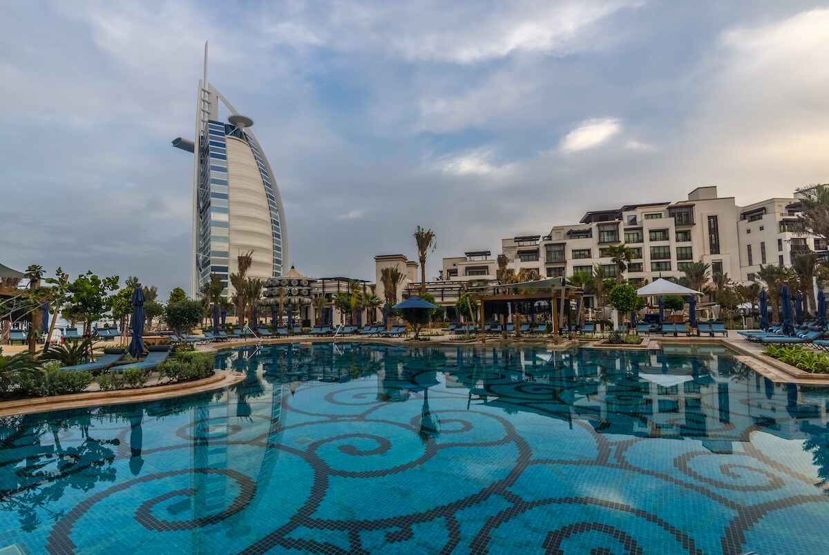 pool at Al Naseem Madinat Jumeirah with Burj Al Arab in the background