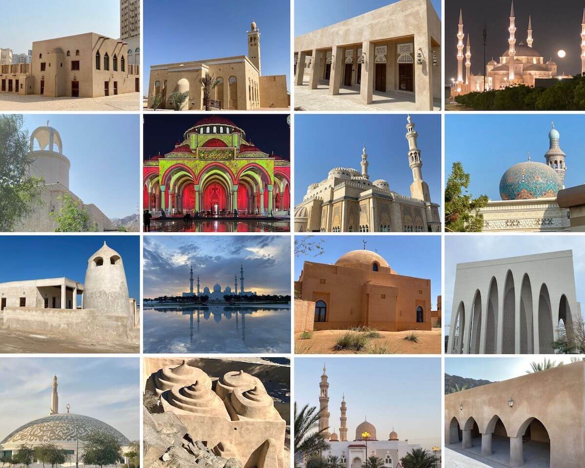 collage of interesting and beautiful mosques in the uae