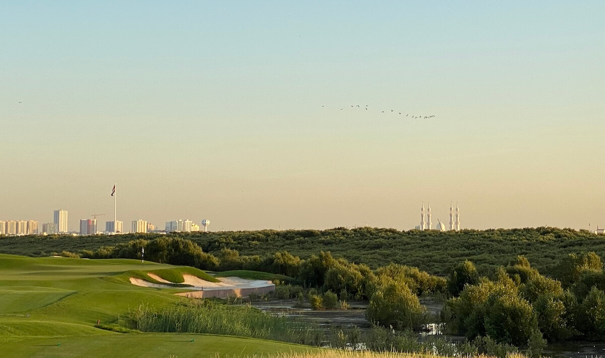 Al Zorah Golf Course in Ajman, UAE, with a green fairway, surrounding mangroves, city buildings, and mosque minarets in the background. A flock of birds are flying in the sky.