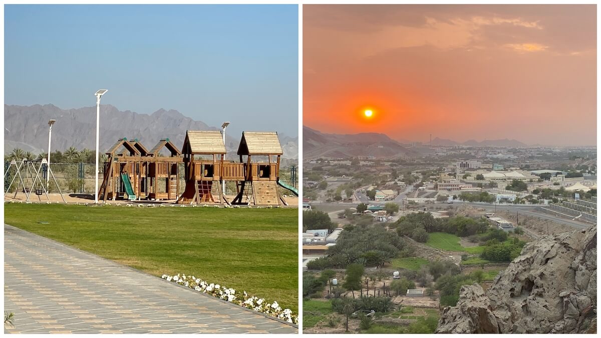 Collage of two photos. The left shows wooden children's play equipment on grass in a. park with mountains in the background. The photo on the right is a view over the town of Masfout with lots of greenery and a vibrant orange sunset.