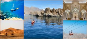 Best day trips from Dubai. Collage showcasing top day trips from Dubai, including scuba diving over vibrant coral reefs, kayaking through Musandam’s rocky coast, and desert adventures across golden sand dunes. Also featured are the opulent halls of Qasr Al Watan palace and thrilling ziplining over mountain landscapes, offering a diverse mix of nature, culture, and adrenaline.