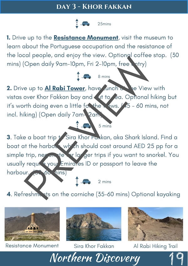Itinerary page for Day 3 – Khor Fakkan. Lists activities including visiting the Resistance Monument, Al Rabi Tower, taking a boat trip to Shark Island, and refreshments on the corniche. Includes travel times, opening hours, and photos of the Resistance Monument, Shark Island, and Al Rabi Hiking Trail.