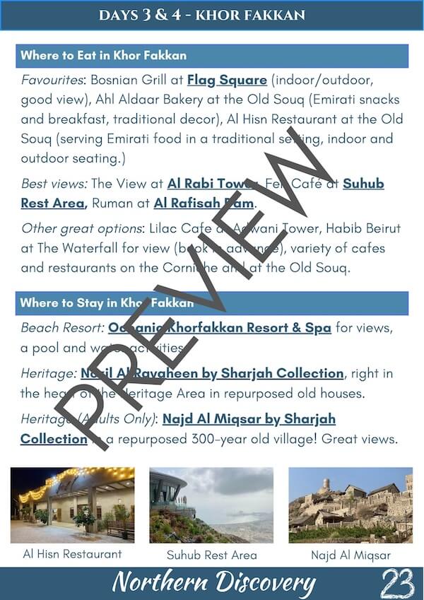 Itinerary page for Days 3 & 4 in Khor Fakkan with restaurant and hotel recommendations. Mentions places like Flag Square, Al Rabi Tower, Suhub Rest Area, and Al Rafisah Dam, with best views and local dining options. Accommodation includes Oceanic Khorfakkan Resort & Spa and heritage stays. Photos show Al Hisn Restaurant, Suhub Rest Area, and Najd Al Miqsar.
