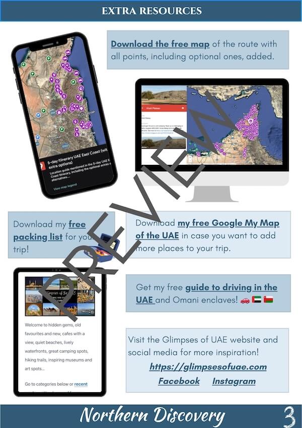 Resources page offering downloads: a free map of the UAE East Coast itinerary, a free packing list, a Google My Map of the UAE, and a free driving guide. Images show digital maps on a phone and computer, plus screenshots of guides. Links to the Glimpses of UAE website, Facebook, and Instagram.