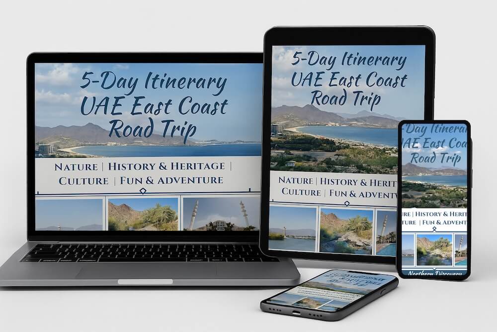 Mock-up of UAE East Coast 5-day itinerary guide shown on laptop, tablet, phone, and e-reader screens.